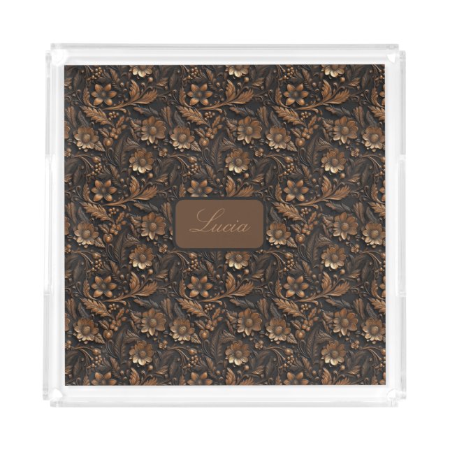 Dark Bronze Embossed Floral Vanity Tray (Front)
