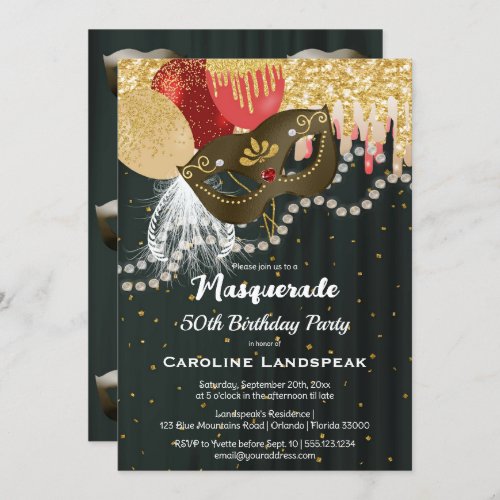 Dark Bronze Metallic Mask Masquerade 50th Birthday Invitation