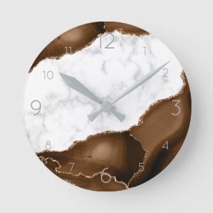 Dark Brown Agate with Gold Glitter Veins on Marble Round Clock