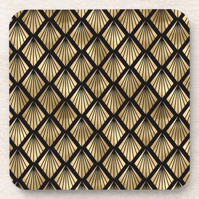Dark Brown and Gold Art Deco Patterned Beverage Coaster (Front)