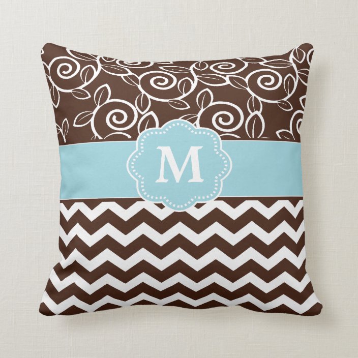 Dark Brown And Light Blue Chevron Monogram Throw Pillow Zazzle Com