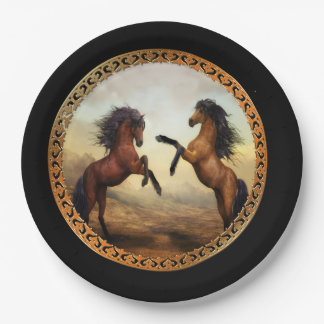 Dark Brown And Light Brown Friesian Draft Horses Paper Plates