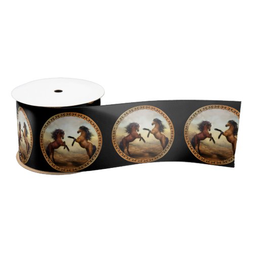 Dark Brown And Light Brown Friesian Draft Horses Satin Ribbon