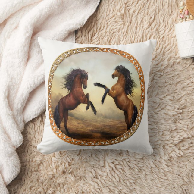 Dark Brown And Light Brown Friesian Draft Horses Throw Pillow (Blanket)