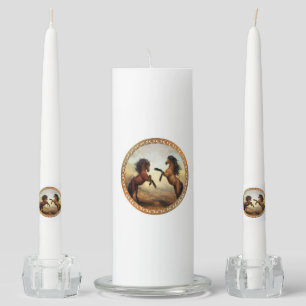 Dark Brown And Light Brown Friesian Draft Horses Unity Candle Set