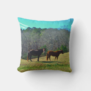Dark Brown and light Brown horses tel sky Throw Pillow