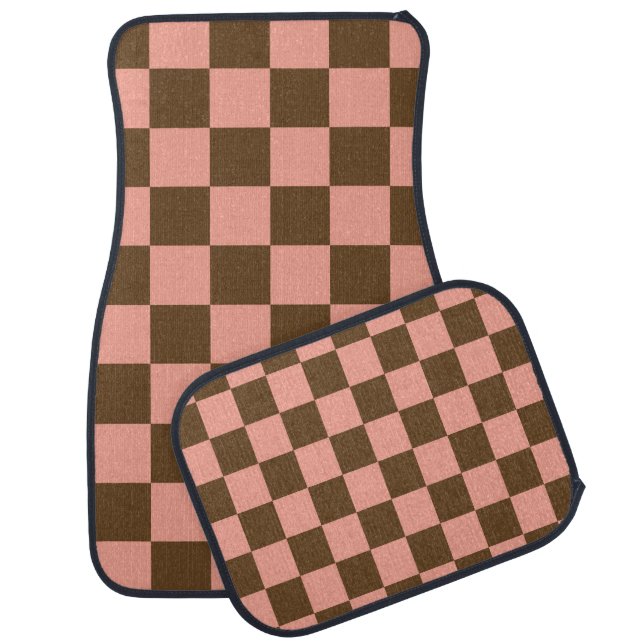 Dark Brown and Light Pink Checkerboard Car Floor Mat (Set)