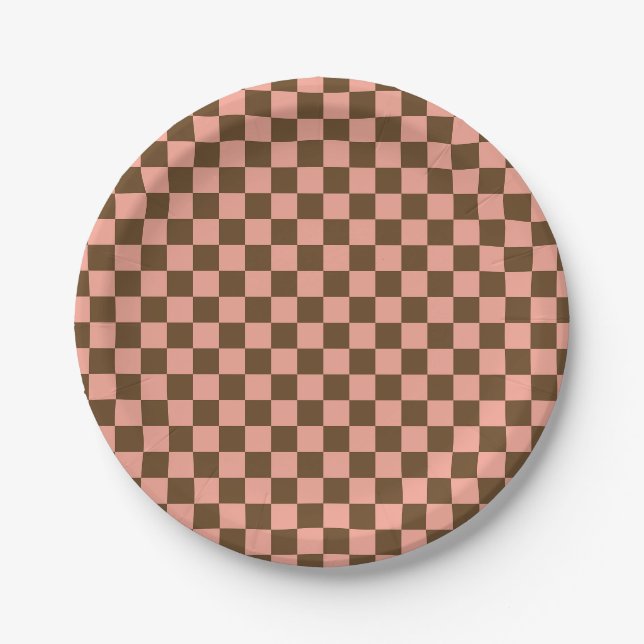 Dark Brown and Light Pink Checkerboard Paper Plates (Front)