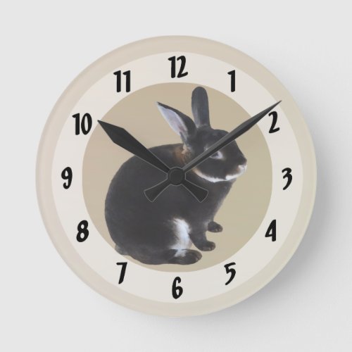 Dark Brown and White Mini Rex Rabbit Round Clock