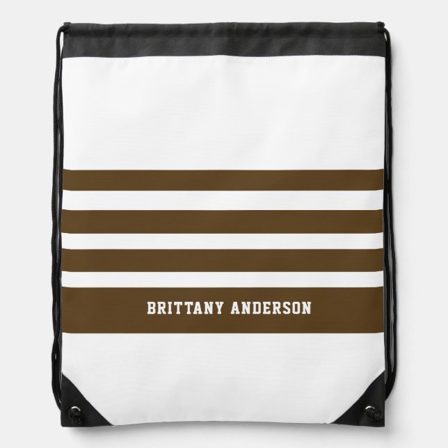 Dark Brown and White  Stripes Pattern Personalized Drawstring Bag (Front)