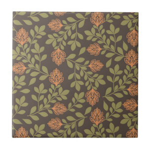 Dark Brown Background with Vibrant Floral Patterns Ceramic Tile