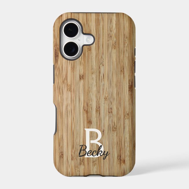 Dark Brown Bamboo Wood Monogram Name Case-Mate iPhone Case (Back)