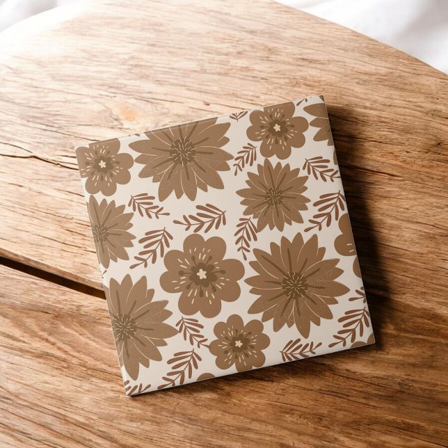 Dark Brown Beige Floral Earthy Botany Backsplash Ceramic Tile (Creator Uploaded)