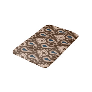 Dark Brown Blue Bohemian Ikat Tribal Pattern Bath Mat