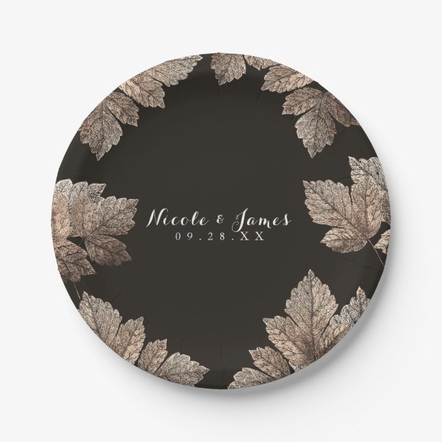 Dark Brown & Bronze Leaves Rustic Custom Fall Paper Plates (Front)