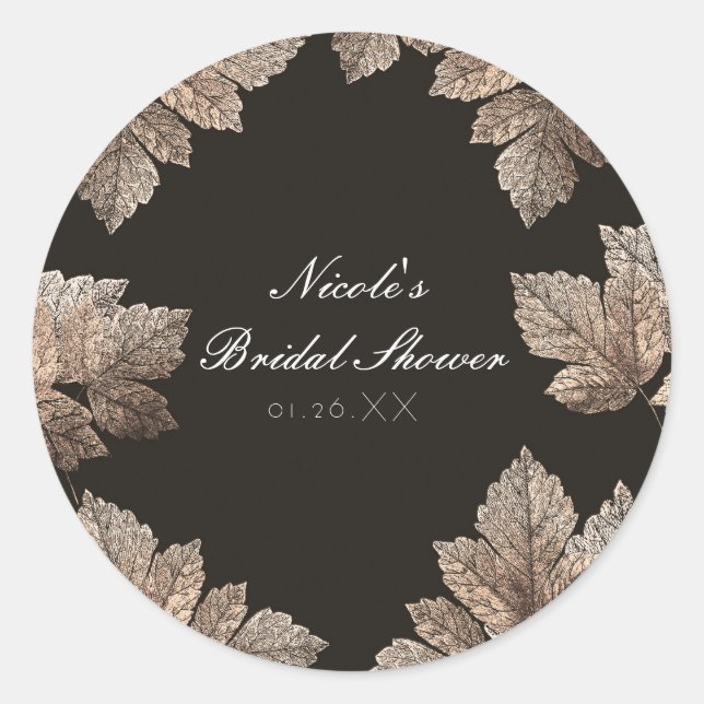 Dark Brown & Bronze Leaves Rustic Fall Favor Classic Round Sticker (Front)