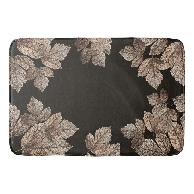 Dark Brown & Bronze Leaves Rustic Fall Glam Bathroom Mat (Front)