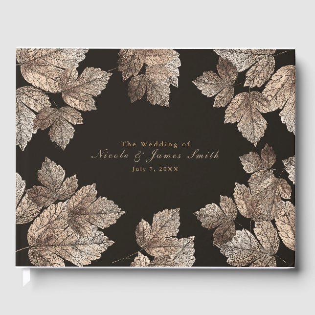 Dark Brown & Bronze Leaves Rustic Fall Wedding Guest Book (Front)