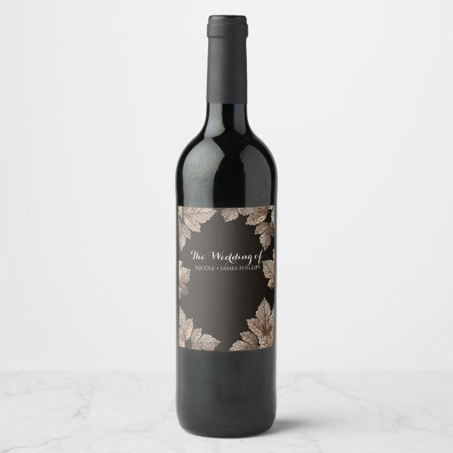 Dark Brown & Bronze Leaves Rustic Fall Wine Label (Front)