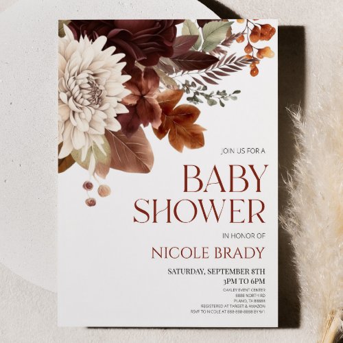 Dark Brown Burgundy Floral Flowers Baby Shower Invitation