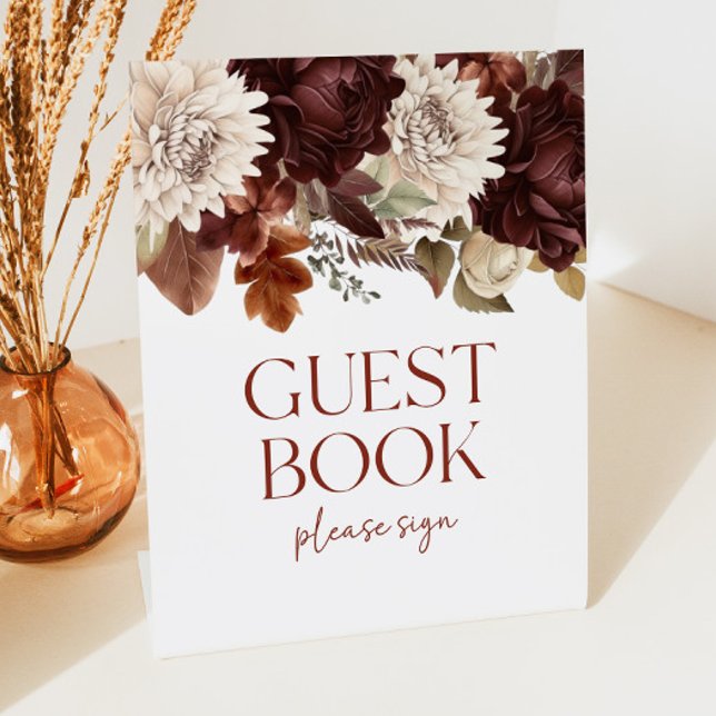 Dark Brown Burgundy Floral Guest Book Party Pedestal Sign (Creator Uploaded)