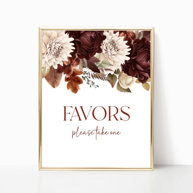 Dark Brown Burgundy Floral Party Favors Sign (Creator Uploaded)