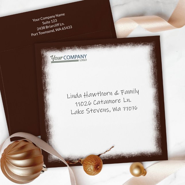 Dark Brown Company Business Pre-addressed Logo Envelope (dark brown holiday card envelopes, square Christmas card envelopes, with brown company logo, address)