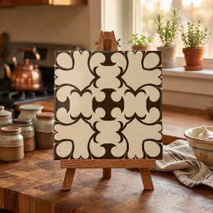 Dark Brown Cream Moroccan Geometric Damask Pattern Ceramic Tile