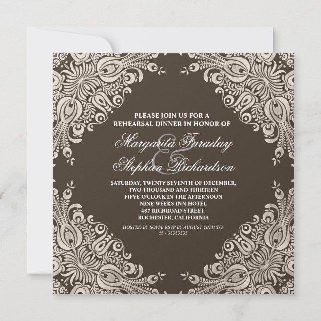 dark brown damask rehearsal dinner invite (Front)