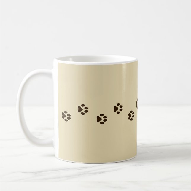 Dark Brown Dog Paw Prints Canine Tracks Tan Coffee Mug (Left)