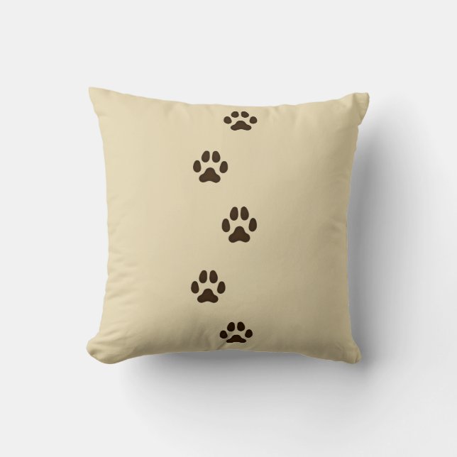 Dark Brown Dog Paw Prints Canine Tracks Tan Throw Pillow (Front)