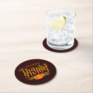 Dark Brown Fall Happy Thanksgiving Yellow Pumpkin Round Paper Coaster