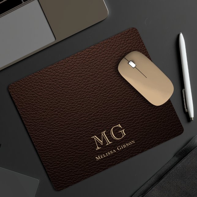Dark Brown Faux Leather Gold Initials Mouse Pad (Creator Uploaded)