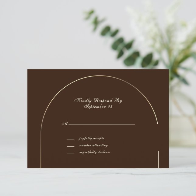 Dark Brown Gold Arch Frame Beige Script RSVP  (Standing Front)