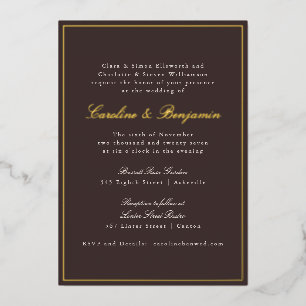 Dark Brown Gold Script Formal Wedding Elegant Foil Invitation