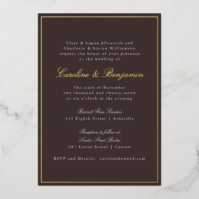 Dark Brown Gold Script Formal Wedding Elegant Foil Invitation (Front)
