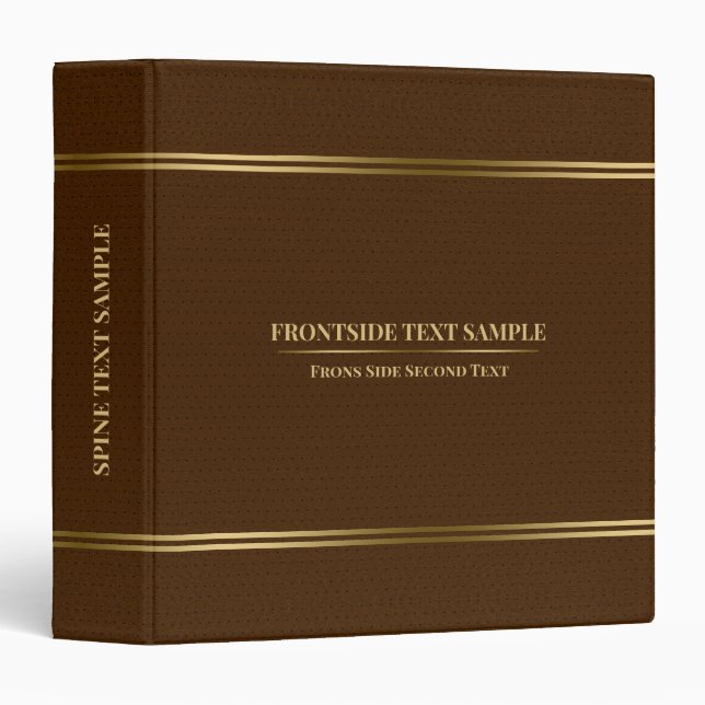 Dark-Brown Leather Texture Gold Tones Stripes 3 Ring Binder (Front/Spine)