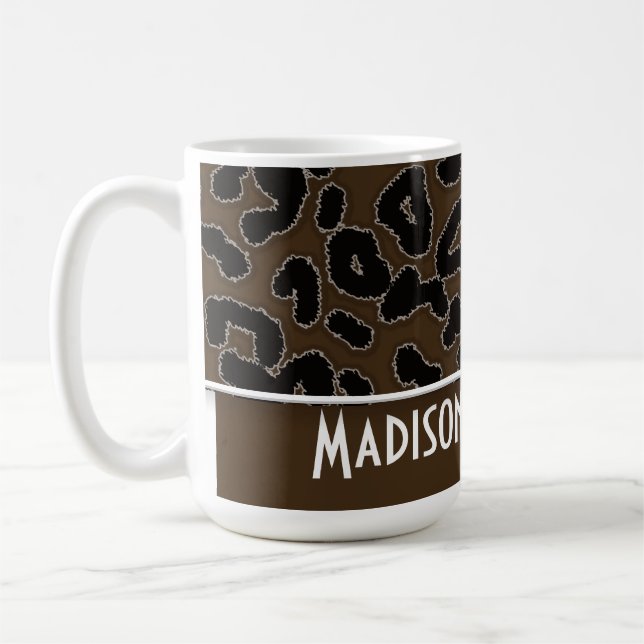 Dark Brown Leopard Animal Print; Personalized Coffee Mug (Left)