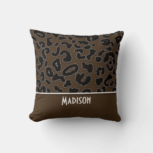 Dark Brown Leopard Animal Print; Personalized Throw Pillow (Front)