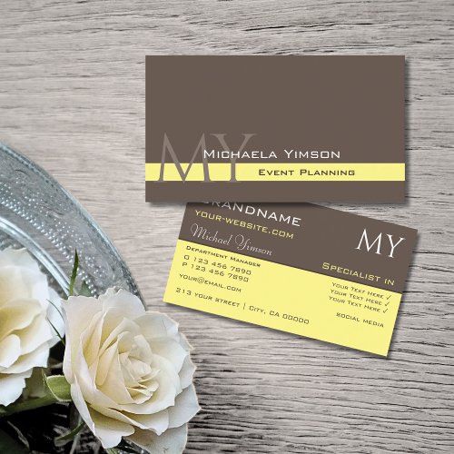 Dark Brown Light Yellow with Initials Professional Business Card