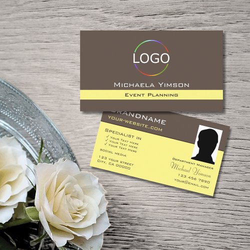 Dark Brown Light Yellow with Logo and Photo Chic Business Card