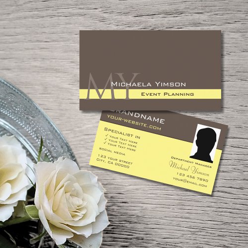 Dark Brown Light Yellow with Monogram and Photo Business Card