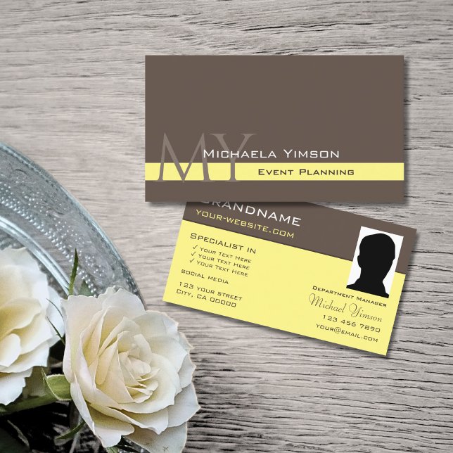 Dark Brown Light Yellow with Monogram and Photo Business Card (Creator Uploaded)