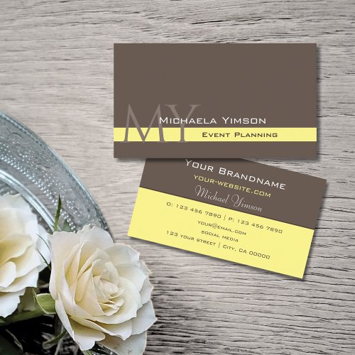 Dark Brown Light Yellow with Monogram Professional Business Card