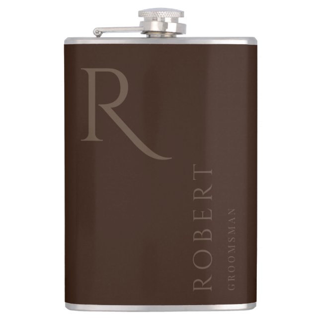 Dark Brown Masculine Monogram Groomsmen Gift Flask (Front)