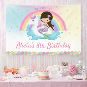 Dark Brown Mermaid Unicorn Pool Birthday Welcome  Banner