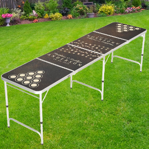 Dark Brown Monazite Wedding String Lights & Name Beer Pong Table