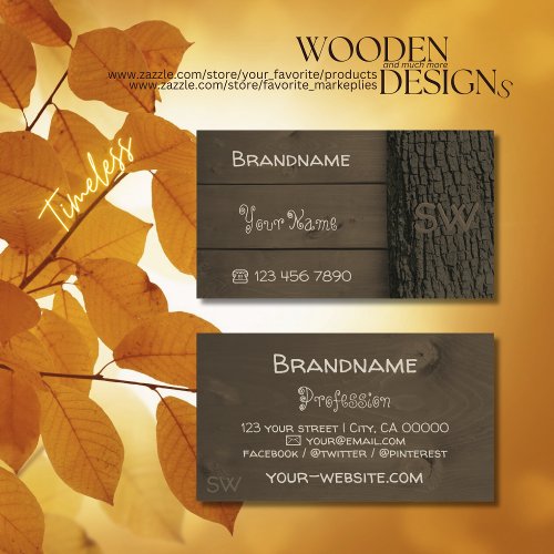 Dark Brown Nature Wooden Boards Tree Bark Monogram Business Card