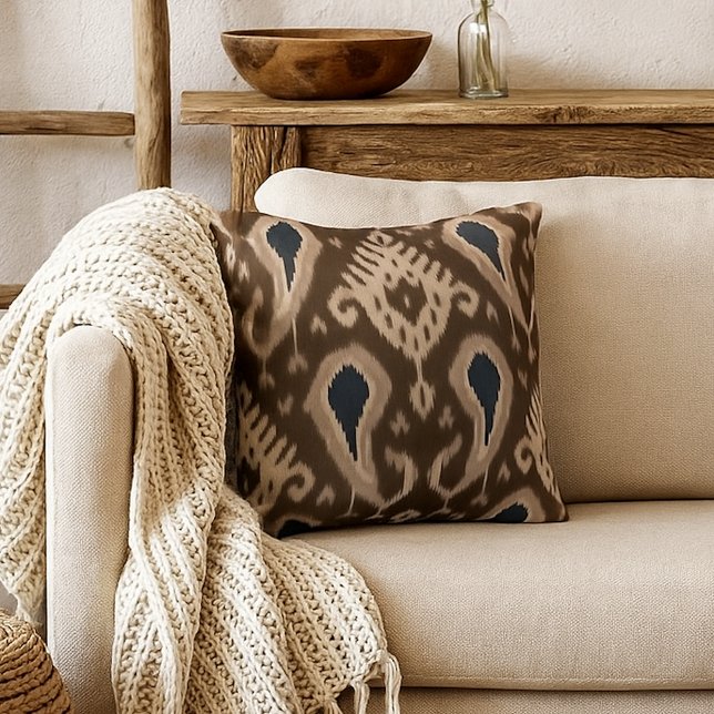 Dark Brown Navy Blue Ikat Tribal Art Pattern Ranch Throw Pillow (Creator Uploaded)
