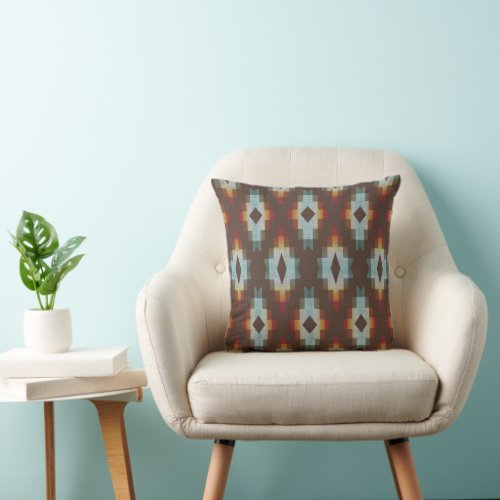 Dark Brown Orange Red Blue Gray Tribal Pattern Throw Pillow